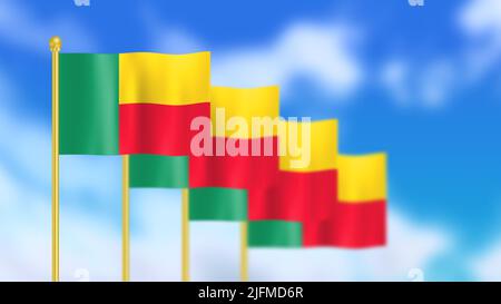 Vier Nationalflaggen der republik Benin winken im Wind und konzentrierten sich auf die erste Flagge und die Animation am blauen Himmel. Stockfoto