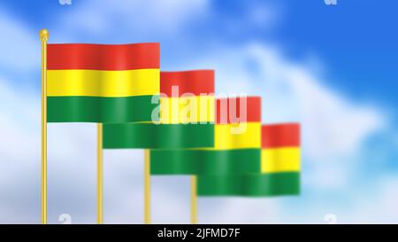 Vier Nationalflaggen Boliviens winken im Wind und konzentrierten sich auf die erste Flagge und die Animation am blauen Himmel. Stockfoto