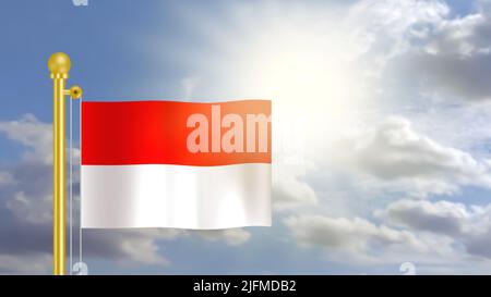 Die indonesische Flagge winkt am blauen Himmel und vor dem hellen Sonnenlicht. Stockfoto