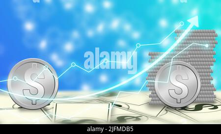 Dollar-Kursdiagramm auf blauem Hintergrund mit Dollar-Not und Münzen. Konzept für den Dollarkurs in der Welt. Stockfoto