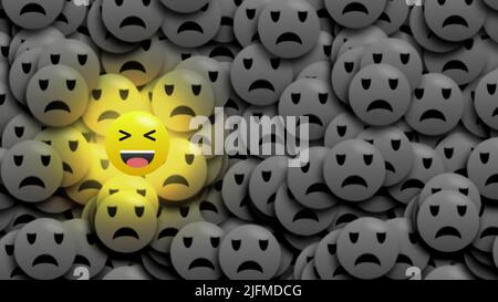 Hell lachende Emoji isoliert auf schwarz-weißen unglücklichen Emoji mit wenig Unschärfe. Das Konzept des Lächelns ist Leben und genießen Sie Ihr Leben. Stockfoto