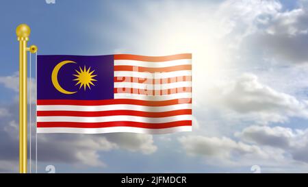 malaysia Flagge winkt auf Wind in blauem Himmel und vor hellem Sonnenlicht. Stockfoto