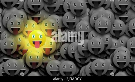 Geld Emoji in hell flackernden Licht Animation isoliert auf schwarz und weiß wenig verwischen Emojis. Stockfoto