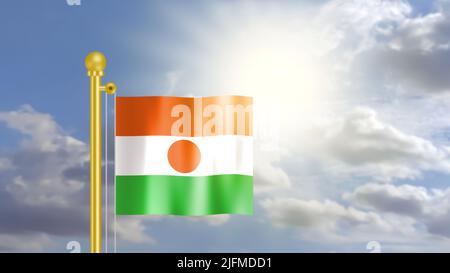 Niger Flagge winkt auf Wind in blauem Himmel und vor hellem Sonnenlicht. Stockfoto