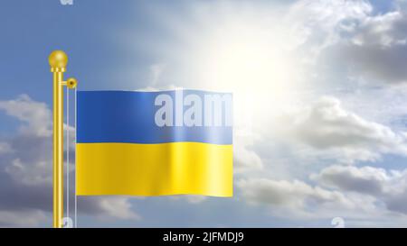 Die ukrainische Flagge winkt am blauen Himmel und vor dem hellen Sonnenlicht. Stockfoto