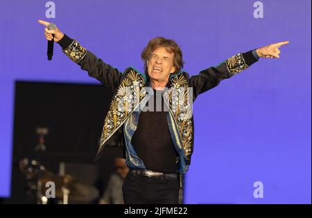 LONDON, GROSSBRITANNIEN. 3. Juli 2022: Mick Jagger von den Rolling Stones tritt im American Express Present BST Hyde Park in London, England, auf. Kredit: S.A.M./Alamy Live Nachrichten Stockfoto
