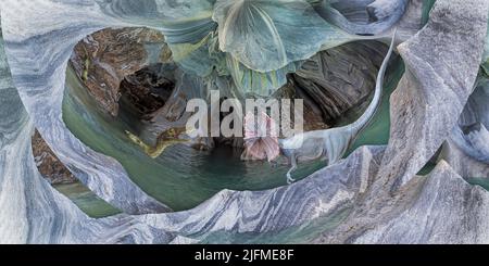 Fantasy-Bild, Dinosaurier in Felshöhle Stockfoto