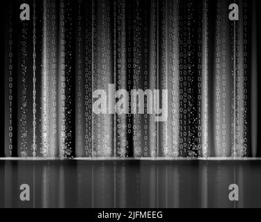 Technologie binärer abstrakter Hintergrund, Matrix-Stil, schwarze Farbe, fallende Zahlen. Digitaler Binärdatenfluss Staub auf dem Bildschirm. Programmierkonzept Stock Vektor