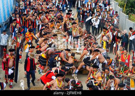 Stein ziehen Zeremonie, während Kisima Nagaland Hornbill Festival, Kohima, Nagaland, Indien Stockfoto