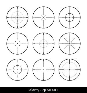 Verschiedene Scharfschützengewehr Visiere, Waffe optischen Scope Fadenkreuz. Sucher für Jagdwaffen. Symbol für das Aufschießzeichen, zielen. Militärisches Zielschild. Spieloberfläche Stock Vektor