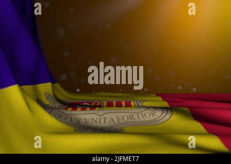 Pretty any Feast Flag 3D Illustration - dunkles Foto der Andorra-Flagge, die in der Ecke auf gelbem Hintergrund liegt, mit weichem Fokus und leerem Platz für Ihre Fortsetzung Stockfoto