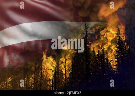 Waldbrandbekämpfungskonzept, Naturkatastrophe - Höllenfeuer im Wald auf Hintergrund der lettischen Flagge - 3D Darstellung der Natur Stockfoto