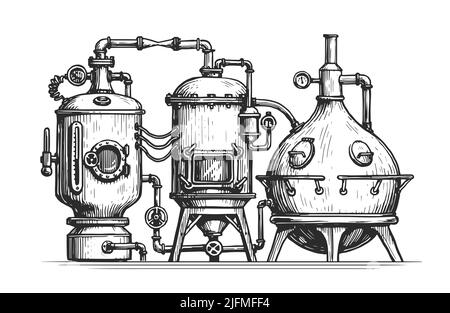 Industrieanlagen aus Kupfertanks zur Destillation von Alkohol. Destillerie, Destillation Vintage Vektor Stock Vektor