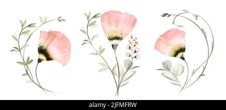 Aquarell mit Blumensträußen. Helle transparente Blüten im modernen Boho-Stil. Pastell pfirsichfarbene Mohnblumen mit runden Eukalyptuszweigen. Zusammenfassung Stockfoto