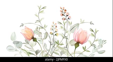 Wasserfarbenes Blumenarrangement aus Pfirsichblüten, Knospen und Eukalyptusblättern. Großer horizontaler Rand. Transparente handgezeichnete Illustration für Stockfoto