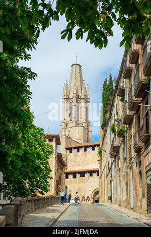 Enge Straße inmitten von Gebäuden in der Stadt Stockfoto