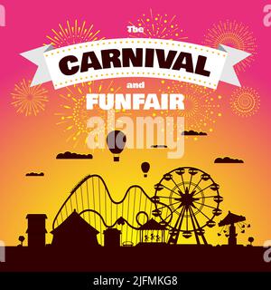 Karneval-Kirmes mit Feuerwerk Strahlen. Vergnügungspark Karussells, Achterbahn und Attraktionen bei Sonnenuntergang. Spaß fair und festliche Themenlandschaft. Riesenrad und fröhlicher Festivalpostervektor Stock Vektor