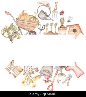 Aquarell handgezeichneter Gartenrahmen Clipart, Gartenwerkzeuge Clip Art, Schaufeln Illustration, Rechen, Rustikaler Gartenrahmen, Landhausdruck, Topfpflanzen Stockfoto