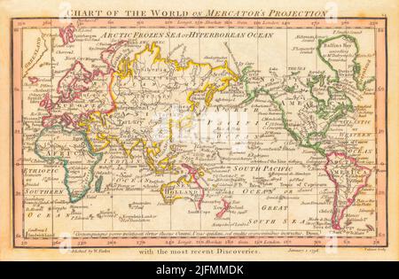 Chart of the World on Mercator's Projection mit den jüngsten Entdeckungen. 1798 Karte des Kartographen William Faden, gestochen von William Palmer. Faden war der königliche Geograph von König Georg III. Diese Karte stammt von seinem Atlas minimus universalis, der hauptsächlich für den Einsatz in Schulen konzipiert wurde. Stockfoto