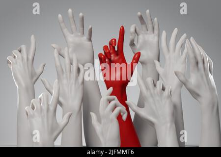 Eine rote Hand, die sich unter einer Menge weißer Hände aufhebt. Konzept von Demokratie, Führung, Abstimmung, Wahlen, Vielfalt und Gleichheit. 3D Rendern Stockfoto