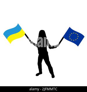 Konzept der Ukraine und der Europäischen Union, bei dem Mädchen die Flagge der Ukraine und der Europäischen Union hält Stock Vektor