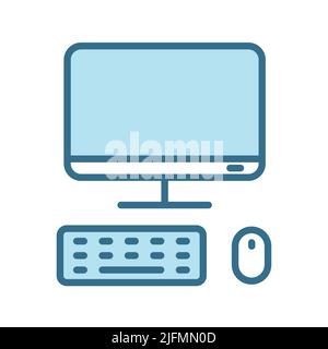 Desktop-pc mit Maus und Tastatur lineales blaues Symbol auf Weiß isoliert. Stock Vektor