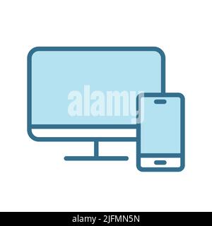 Blaues Symbol für Desktop-pc und Telefonanschluss, isoliert auf Weiß. Stock Vektor