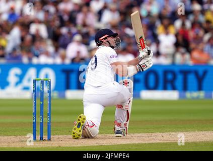 Der englische Alex Lees am vierten Tag des fünften Spiels der LV= Insurance Test Series im Edgbaston Stadium, Birmingham. Bilddatum: Montag, 4. Juli 2022. Stockfoto