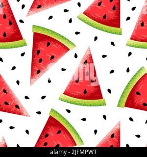 Saftige Wassermelonenscheibe. Aquarell-Imitation Wassermelonen und Samen nahtloses Muster. Sommerlich frischer, heller strukturierter Obstdruck. Moderner Trendvektor Stock Vektor