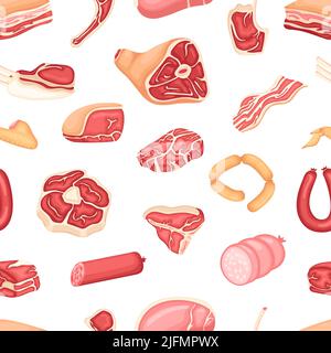Cartoon Fleischprodukte, Steak, Wurst und Hühnerteile. Metzgerei Nahtloses Muster. Isolierte Frischmarkt, bbq Zutaten Vektor Hintergrund Stock Vektor