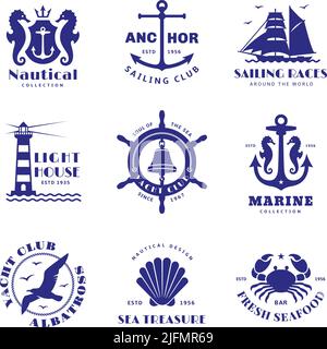 Vintage Marine Labels. Navy Emblem, Segler Typografie Abzeichen. Einrichtung mit Leuchtturm, Anker, Schiff. Nautische Zeichen, Sea Food Restaurant ordentlich Vektor Stock Vektor
