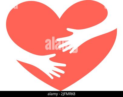 Hände umarmen rotes Herz. Umarmungen und unterstützen Kind, Schutz Pflegekonzept. Logo von World Heart Day und Kardiologie. Liebe Umarmung neuesten Vektor flache Symbol Stock Vektor