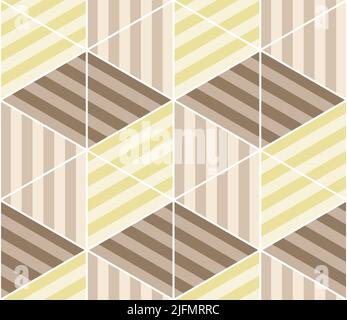 Braun gestreift 3D Würfel wiederholen Muster innerhalb von Dreiecken und Sechsecken in weißer Umrandung, geometrische Vektor-Illustration Stock Vektor