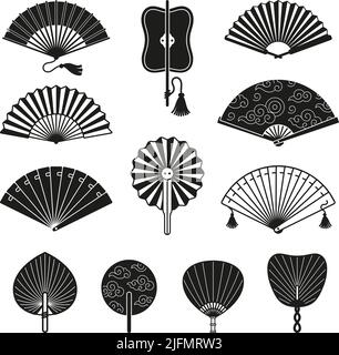 Schwarze japanische Fan-Icons. Tanz elegante asiatische Fans Design isoliert auf weißem Hintergrund. Einfache Handheld Fanning orientalische Symbole, chinesische aufgeräumten Vektor Stock Vektor