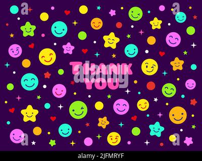 Vielen Dank für Ihren Hintergrund. Dankesposter mit minimalistischem Gesicht mit Lächeln. Trendige Sticker, kreative Unterstützung oder Danksagbanner. Retro, aufgeräumt Stock Vektor