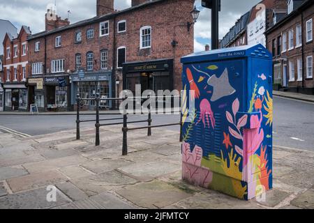 Wandgemälde auf BT Utility Box, St. John's Hill, Shrewsbury, Shropshire Stockfoto