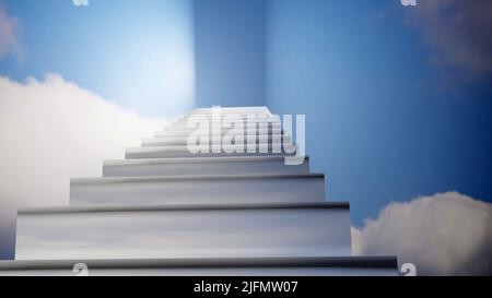 Treppen zum Himmel. Treppe in den Himmel. Religiöser Hintergrund oder Erfolgskonzept. 3D Darstellung rendern. Stockfoto