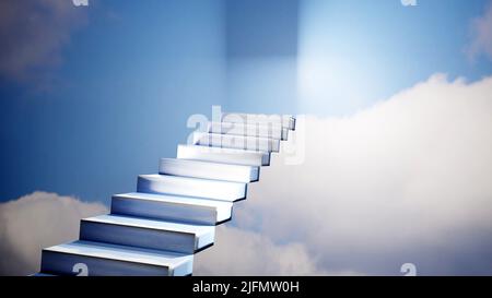 Treppen zum Himmel. Treppe in den Himmel. Religiöser Hintergrund oder Erfolgskonzept. 3D Darstellung rendern. Stockfoto