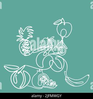Obstsatz, eine Linie Umrisszeichnung auf türkisfarbenem Hintergrund, Vektorgrafik Stock Vektor