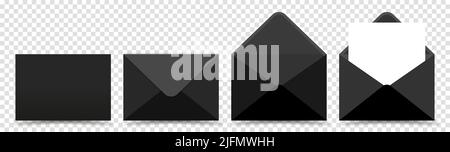 Realistische schwarze Umschläge in verschiedenen Ansichten. Vektordarstellung auf transparentem Hintergrund isoliert Stock Vektor