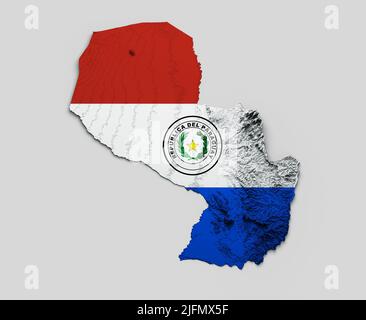 Eine Darstellung der Paraguay Relief Map aus dem jahr 3D mit isolierter Paraguay Flagge auf grauem Hintergrund Stockfoto