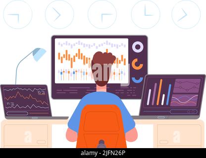 Händler. Professionelle Broker suchen Bildschirm der Finanzierung Handel internationale Händler Unternehmen, Datenanalyse Verkauf von Investmentbörse Währung Vektor Illustration von Business Broker Handelsfinanzierung Stock Vektor