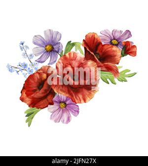 Aquarell-Illustration von roten Wildblumen isoliert. Handgezeichnetes dekoratives Bild von Blumenstrauß. Banner. Stockfoto