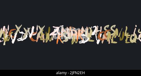 Vektorsymbole mit farbigen Alphabets. Nahtloses Muster von Hand gezeichneten Pinsel Kalligraphie Schrift auf schwarz. Grunge Pinsel Textur Alphabet. Moderne strukturierte Stiftform Stock Vektor