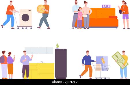 Möbelkäufer. Verkauf Geräte oder Wohnung Möbel, Menschen mit Wagen im Innenladen, Austausch Dekoration Kunden kaufen Sofa Kredit Geld Preis Vektor Illustration des Geschäfts mit Möbeln Stock Vektor
