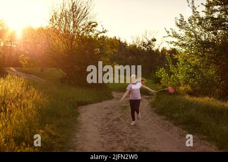 Kleines Mädchen fängt Schmetterlinge an einem Sommertag Stockfoto