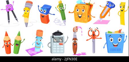 MASCOT Schulbedarf. Lustige Cartoon Schreibwaren Charaktere, Emoticon stopft niedlichen Comic-Objekte Kinder Gesicht Radierer Buch Rechner Bleistift Rucksack, Vektor-Illustration. Schreibwaren Bleistift und Zubehör Stock Vektor