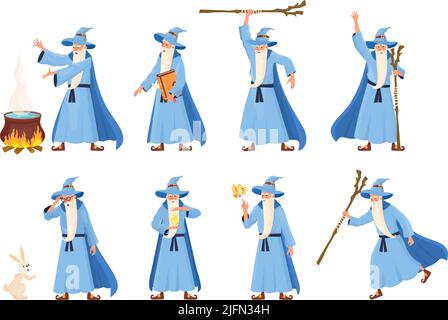 Mittelalterlicher Zauberer. Niedliche Zauberer, Cartoon Magier Mann kostümiert merlin Zauberfigur magische Alchemie Märchen Hut Magier lustig whizard Weise Druiden Maskottchen, Vektor-Illustration der Magie Zauberer Charakter Stock Vektor