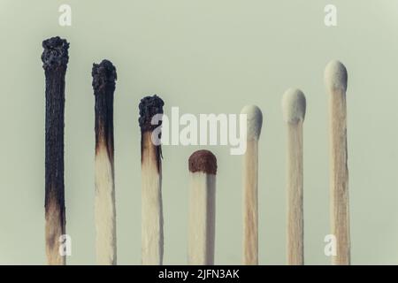 Streichhölzer brennen, ein Stück verhindert die Ausbreitung des Feuers. Stockfoto