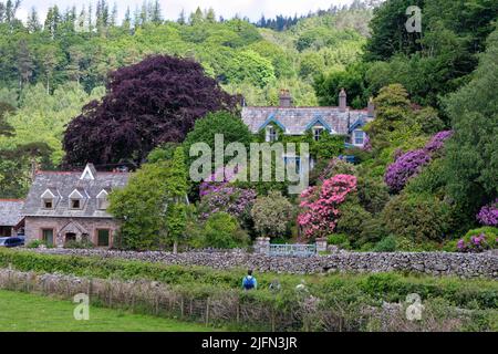 Eine attraktive viktorianische Villa namens Rock Wood Cottage, umgeben von farbenfrohen und üppigen Pflanzen in Eskdale Green Lake District Cumbria England Stockfoto